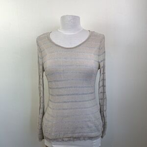 Peruvian Connection Sweater Pima Cotton Lurex Knit L Beige Pullover Top Metallic